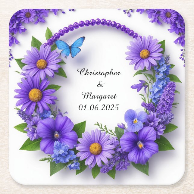 Bröllopsblommig ram med färgglada blommor underlägg papper kvadrat (Framsidan)