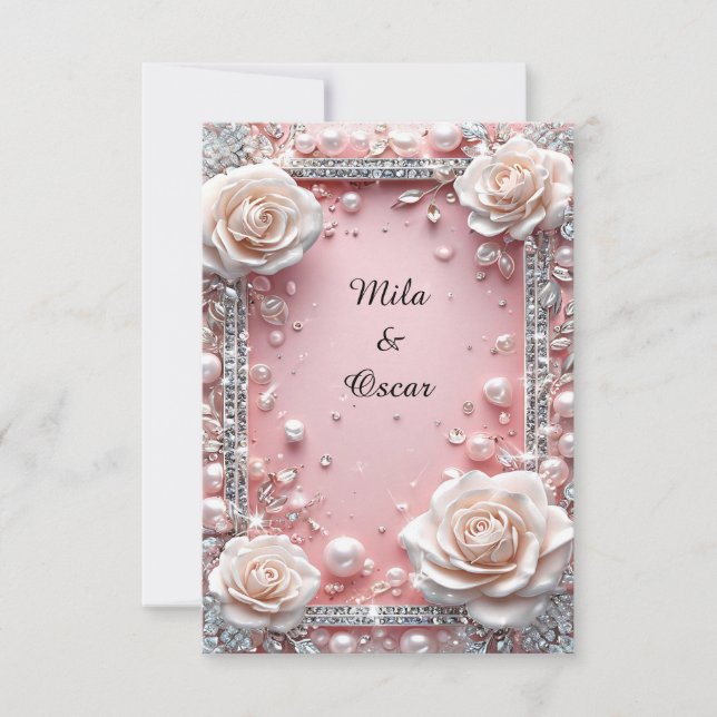 Bröllopsblommiga rosa rosor Pärla Ädelsten 👑🌸💍✨ Inbjudningar (Framsida)