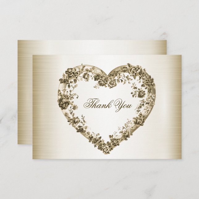 Bröllopsblommor Guld Ornament Hjärtformad Ram Eleg Tack Kort (Fram/baksida)