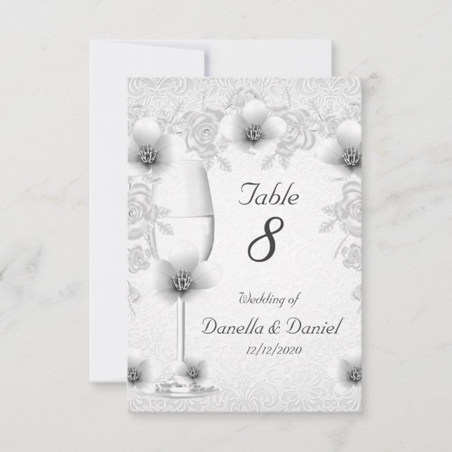 Bröllopsbord Nummer Blommor Vita Silver Rosor Inbjudningar (Framsida)