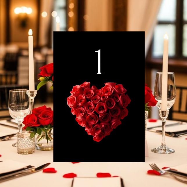 Bröllopsbord Nummer-Hjärta Formade Röda Rosor- Bordsnummer (Red Roses in the Shape of a Heart Wedding Collection- Black and White)