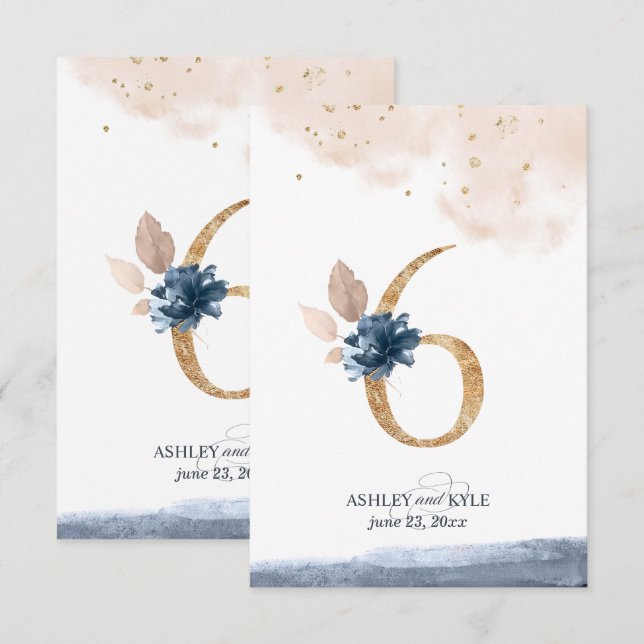 Bröllopsbord nummer i marinblått, rosafärgat och g inbjudningar (Fram/baksida)