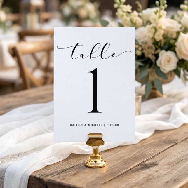 Bröllopsbordnummer 5x7 Modern Virvlande Skrift Inbjudningar (Wedding table numbers - bouncy script black and white)