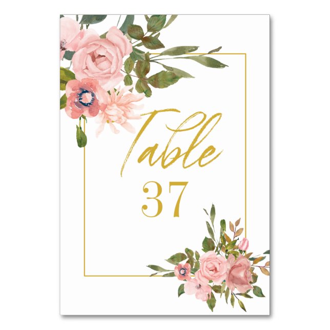 Bröllopsbordnummer i rosa och guld med blommor bordsnummer (Framsidan)