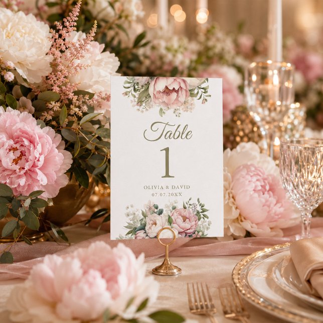 Bröllopsbordnummer med rosafärgade & elfenbensvita (Blush & Ivory Peony Wedding Table Number)