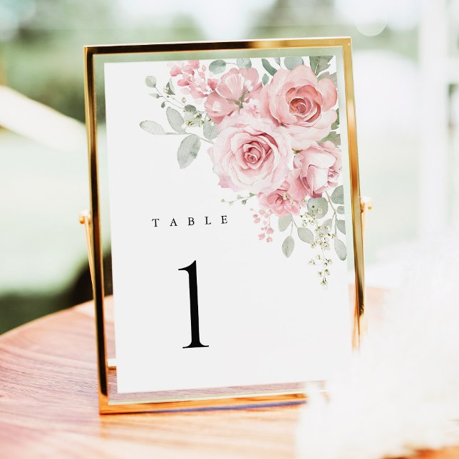 Bröllopsbordnummer med rosor i rosaton (Blush Rose Floral Wedding Table Numbers, Watercolor Blush Pink Reception Table Sign in Gold Decor)