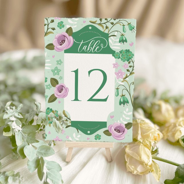 Bröllopsbordskort Sittplan Mintgrön Blommig Bordsnummer (Green Art Deco Floral Wedding Table Cards Seating)