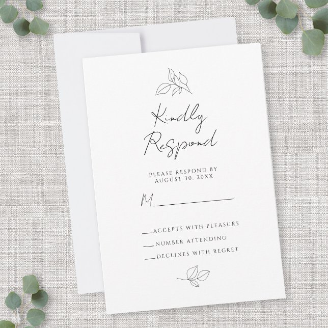 Bröllopsbotaniska blad Svart & Vitt kuvertbilaga OSA Kort (Wedding Botanical Leaves Black & White Enclosure RSVP Card)