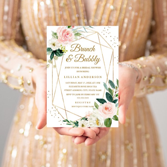 Bröllopsbrunch med roséguld och blommor samt bubbe inbjudningar (Skapare uppladdad)