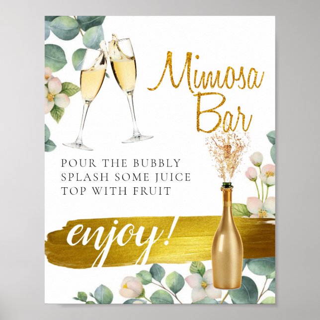 Bröllopsbrunch Mimosa Bar skylt med blommande grön (Framsidan)