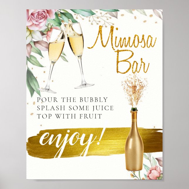 Bröllopsbrunch Mimosa Bar skylt med lövverk (Framsidan)