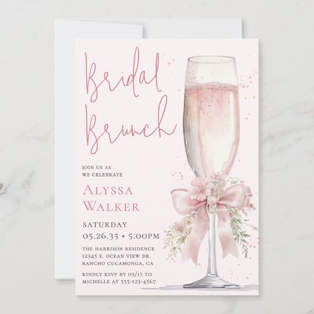 Bröllopsbrunch Rosa Champagneglas Inbjudningar (Framsida)