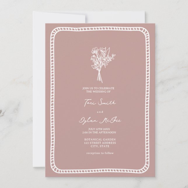 Bröllopsbukett Border Blush Rosa Inbjudningar (Framsida)