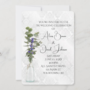 Bröllopsbukett i blommor på damask inbjudningar