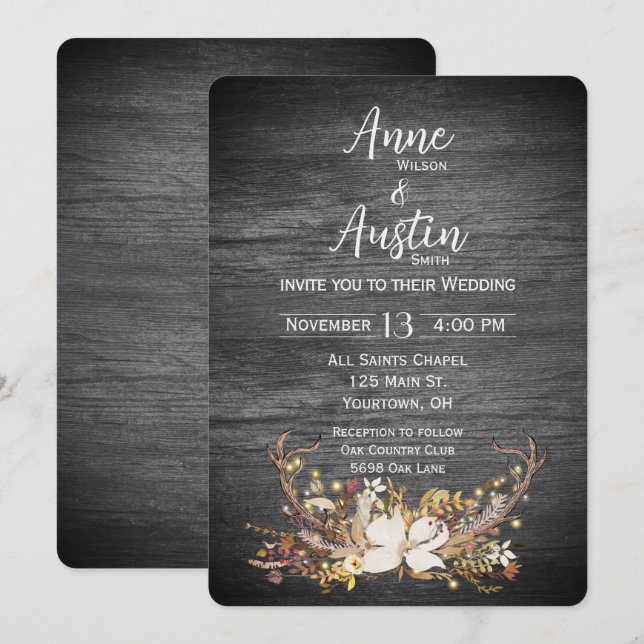 Bröllopsbukett med hjorthorn inbjudningar (Fram/baksida)