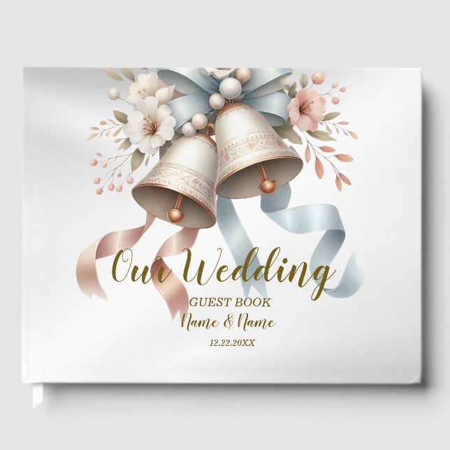 Bröllopsbuketter Klockor Rosa Blue Rosett band Bev Gästböcker (Framsida)