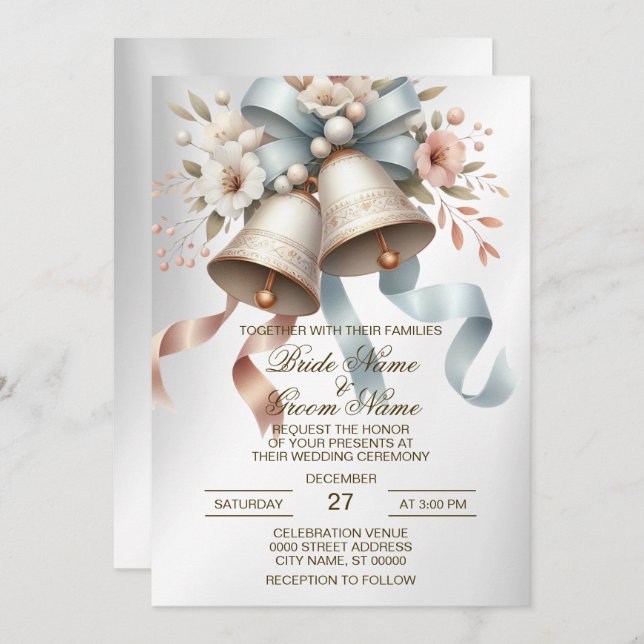 Bröllopsbuketter Klockor Rosa Blue Rosett band Bev Inbjudningar (Fram/baksida)