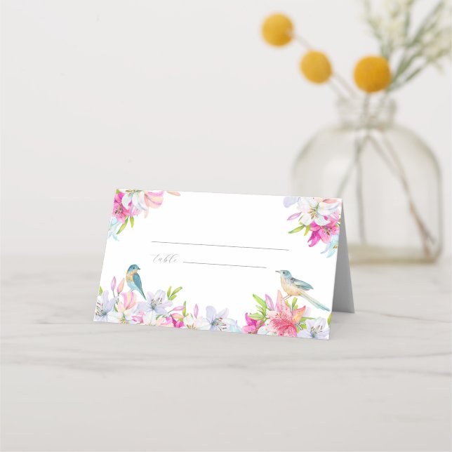 Bröllopsbuketter Lilies och Birds Watercolor Placeringskort (Framsida)