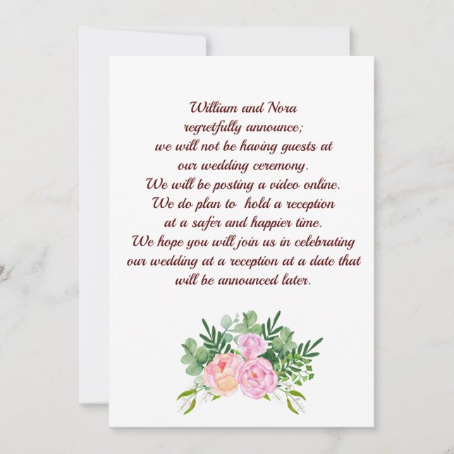 Bröllopsbyte av planer, med rosa ros peony meddelande (Framsida)