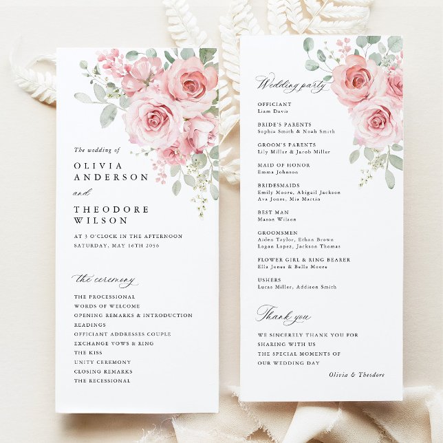 Bröllopsceremoni med rosor i rosé nyans program (Blush Rose Floral Wedding Program, Watercolor Blush Pink Floral  Ceremony Program)