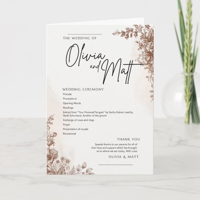 Bröllopsceremoni Program – Elegant Blommig Brun De (Framsida)