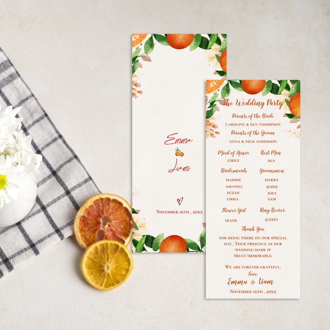 Bröllopscerkemoni Orange Programkort Inbjudningar (Order of Ceremony Orange Wedding Program Card)