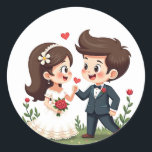 Bröllopsdag Duo Runt Klistermärke<br><div class="desc">Den tecknad klistermärket med en brud och groom som utbyter hjärtan,  perfekt för bröllop och romantiska budskap.</div>