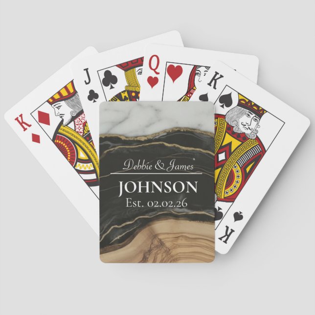 Bröllopsdag Jubileum Trä Svart Vit Agat Marmor Casinokort (Baksidan)