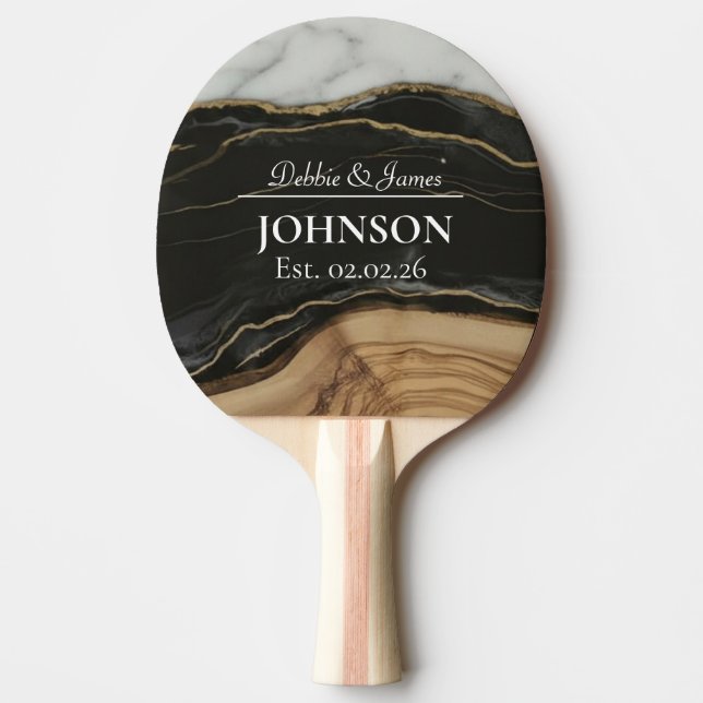 Bröllopsdag Jubileum Trä Svart Vit Agat Marmor Pingisracket (Framsidan)