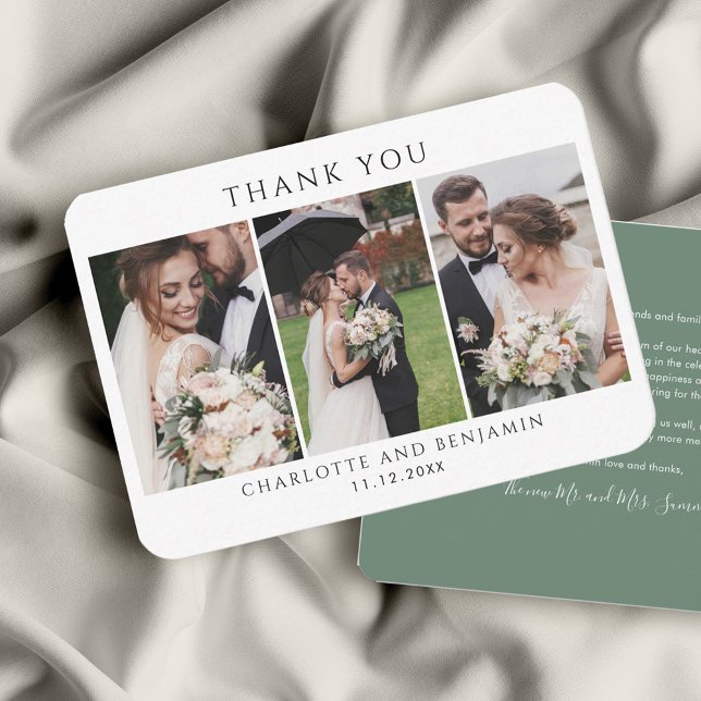 Bröllopsdag Photo Collage Tack Anteckningskort (Elegant Personalized Photo Collage Wedding Thank You Card)