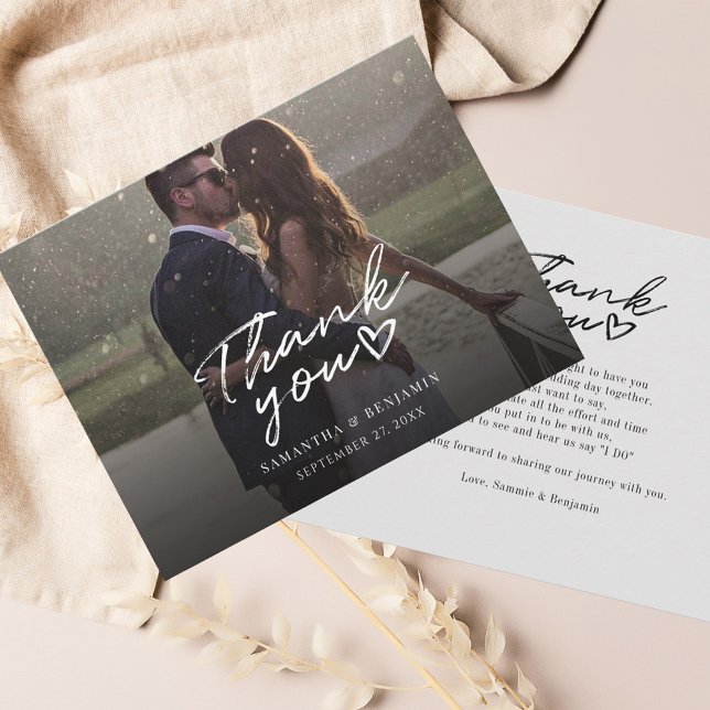 Bröllopsdag Photo Hand-Lettered-Tack Anteckningskort (Wedding Photo Script Modern Thank You Card)