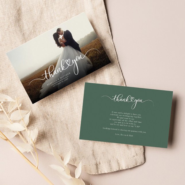 Bröllopsdag Photo Hand-Lettered-Tack Anteckningskort (Wedding Photo Newlyweds Script Thank You)