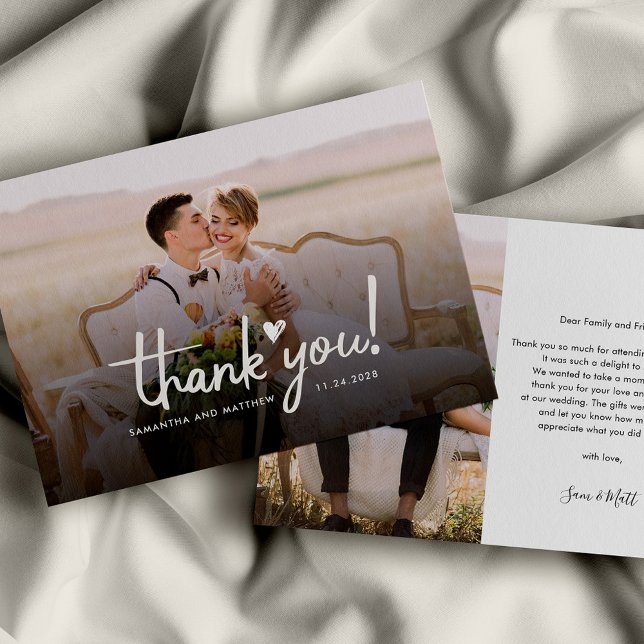 Bröllopsdag Photo Script Elegant Tack Anteckningskort (Newlyweds Photo Wedding Thank You Card)