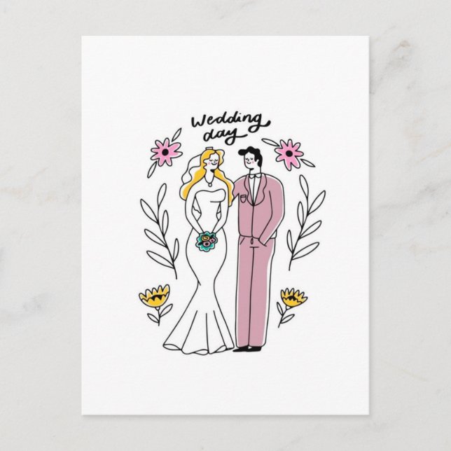 "Bröllopsdag" Whimsisk Parillustration Vykort (Framsida)