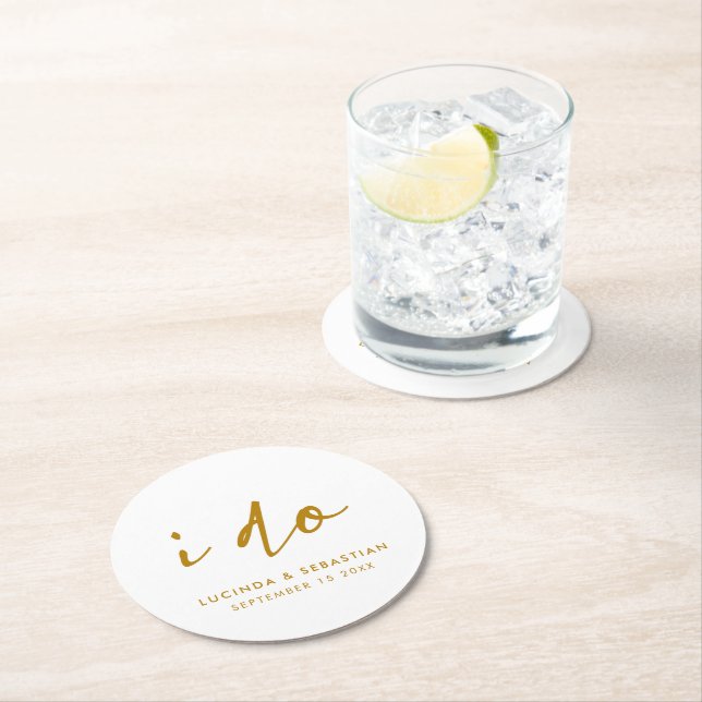 Bröllopsdagens Elegant Minimal enkel Guld och vit Underlägg Papper Rund (Insitu)