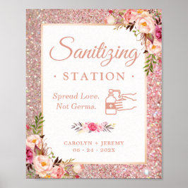 Bröllopsdesinfektionsstation skylt Rose Gold Blomm