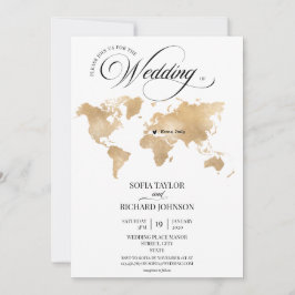 Bröllopsdestination Guld Världskarta Typografi Inbjudningar