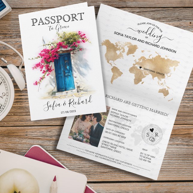 Bröllopsdestination Pass Santorini Grekland Inbjudan (Wedding Destination Passport Santorini Greece Invitation)