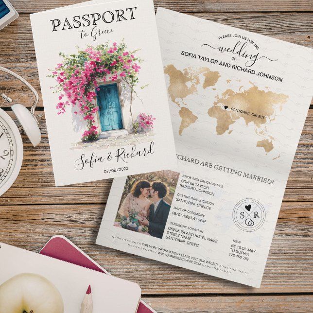Bröllopsdestination Pass Santorini Grekland Inbjudan (Wedding Destination Passport Santorini Greece Invitation)