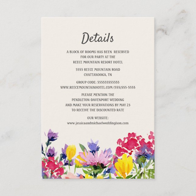 Bröllopsdetaljer Akvarell Vilda Blommor Boho Blomm Tilläggskort (Framsida)