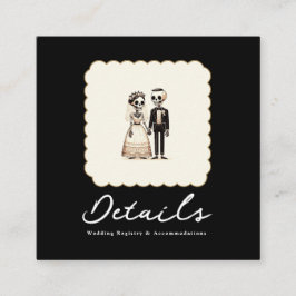 Bröllopsdetaljer för tecknad skelettbrud + brudgum fyrkantigt visitkort
