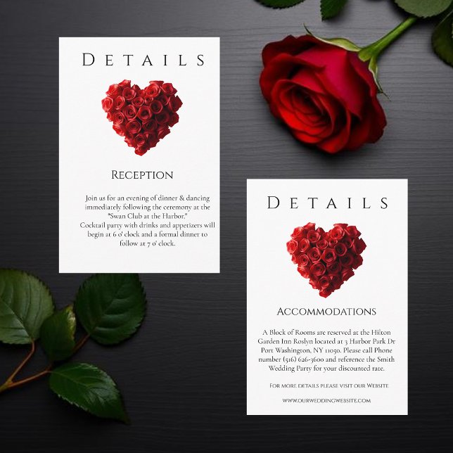 Bröllopsdetaljer-Hjärta Formade Röda Rosor Tilläggskort (Wedding Details-Heart Shaped Red Roses Enclosure Card-Details)