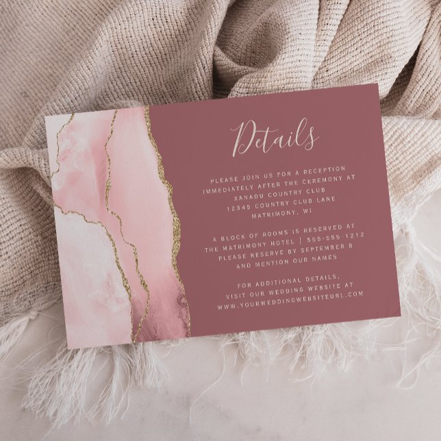 Bröllopsdetaljer i rosa guld Agate dammig rosa Tilläggskort (Skapare uppladdad)