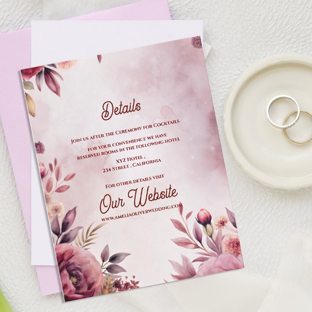 Bröllopsdetaljer i Rosa Romantiska Blommor Tilläggskort (Blush Pink Floral Wedding Details Card | Romantic Garden Wedding Enclosure)