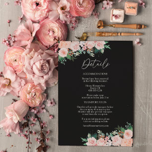 Bröllopsdetaljer i rosafärgad blomster och svart tilläggskort