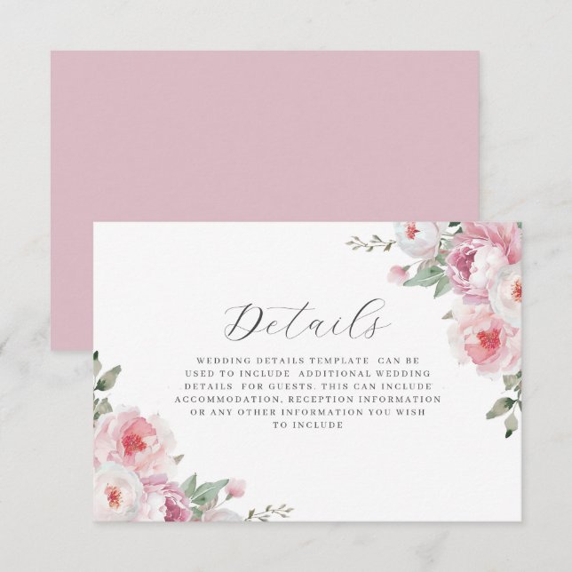 Bröllopsdetaljer med Blush & Rose Botaniska Blommo Tilläggskort (Fram/baksida)