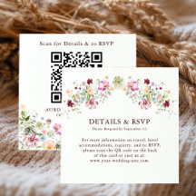 Bröllopsdetaljer & RSVP QR-kod för vildblomsterträ