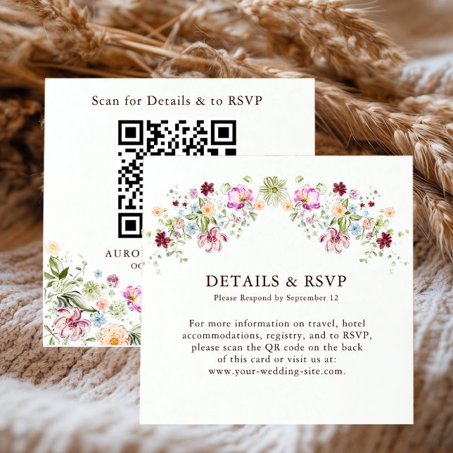 Bröllopsdetaljer & RSVP QR-kod för vildblomsterträ Tilläggskort (Skapare uppladdad)