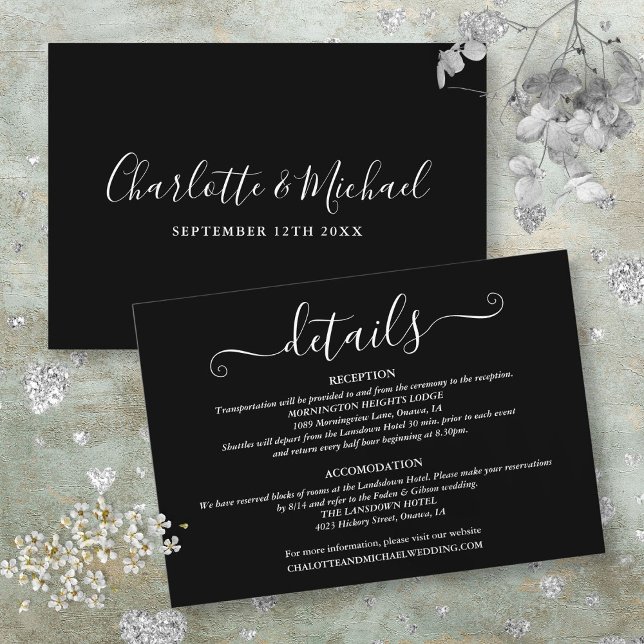 Bröllopsdetaljer Signaturskript Svart Och Vitt Tilläggskort (Wedding Details Signature Script Black And White Enclosure Card)