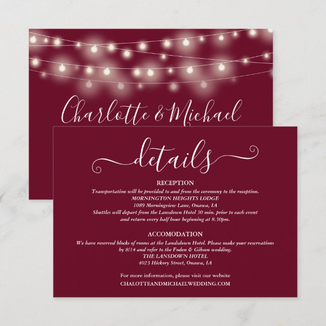 Bröllopsdetaljer Spring Lights Script Burgunder Tilläggskort (Fram/baksida)